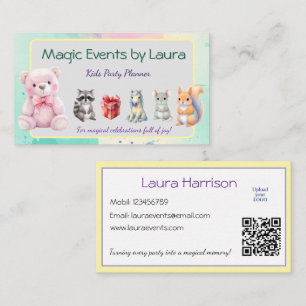 Kids Party Planner Pastel Teddy Bear QR Code Logo Business Card