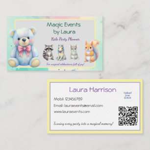 Kids Party Planner Pastel Teddy Bear QR Code Logo Business Card