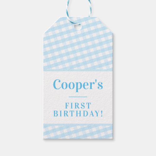 KIDS PARTY vintage gingham pattern boy pale blue Gift Tags