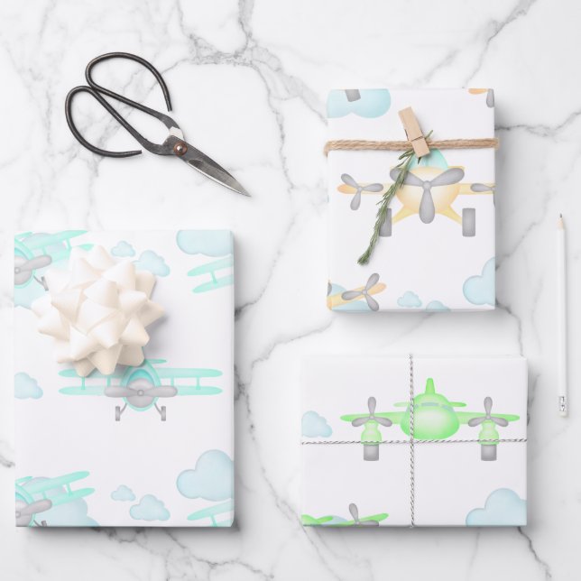 Kids Pastel Airplane Flying Aviation Birthday Wrapping Paper Sheets (Front)