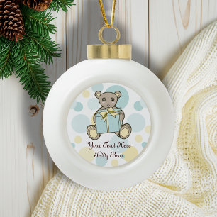 Kids Pastel Blue and Yellow Cute Teddy Bear Ceramic Ball Christmas Ornament