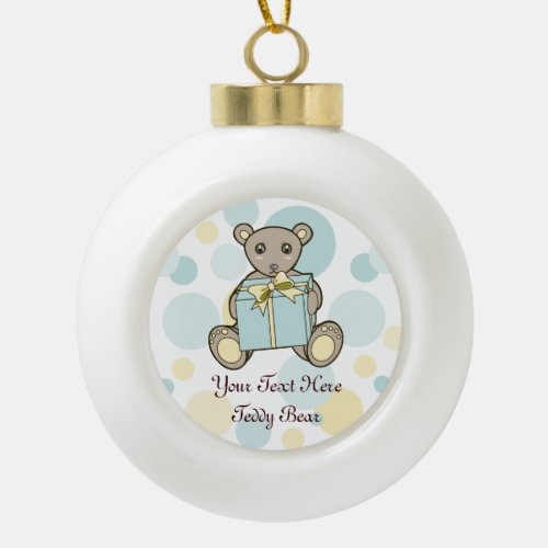 Kids Pastel Blue and Yellow Cute Teddy Bear Ceramic Ball Christmas Ornament