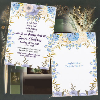 Kids Pastel Blue Little Flower Bud Floral Birthday Invitation