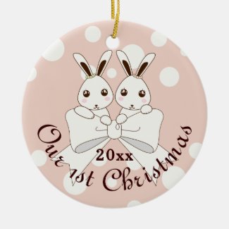 Kids Pastel Pink Cute Twin Bunny Christmas Ceramic Ornament
