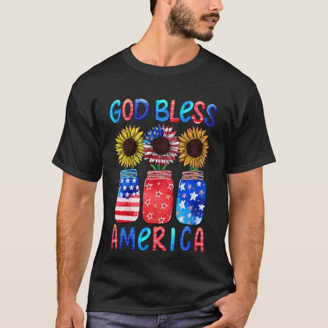 Kids Patriotic American Flag Sunflower God Bless A T-Shirt (Front)
