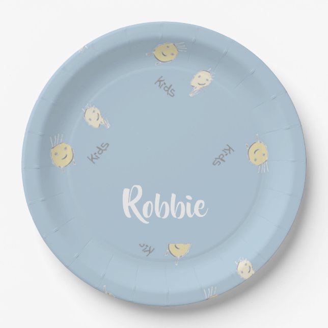 Kids pattern on blue paper plates (Front)