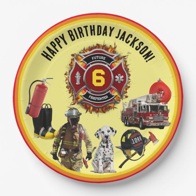 Kids Personalize Age & Name Firefighter Birthday Paper Plates (Front)