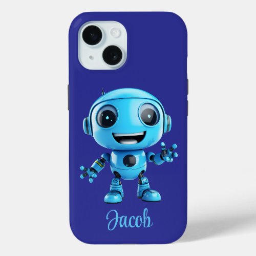 Kids Personalize Blue Robot  iPhone 15 Case