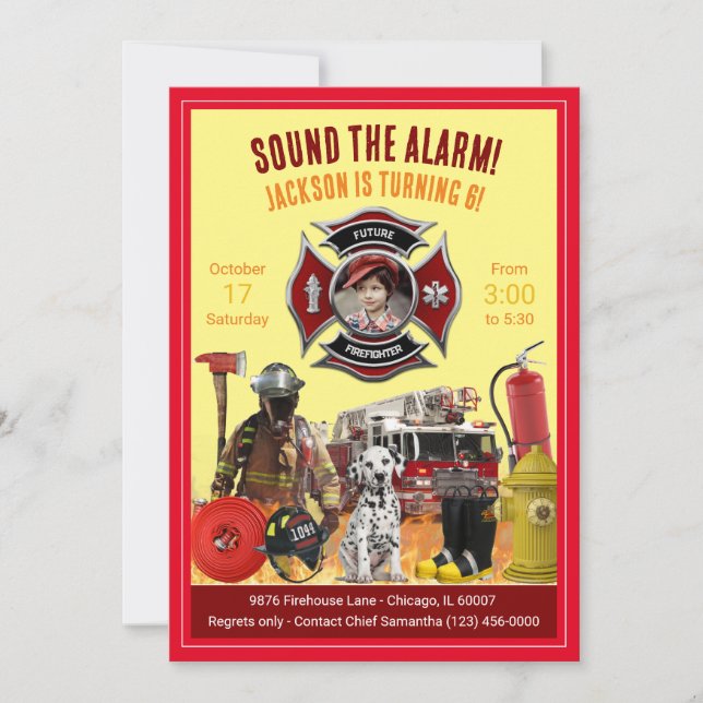 Kids Personalize Photo & Info Firefighter Birthday Invitation (Front)