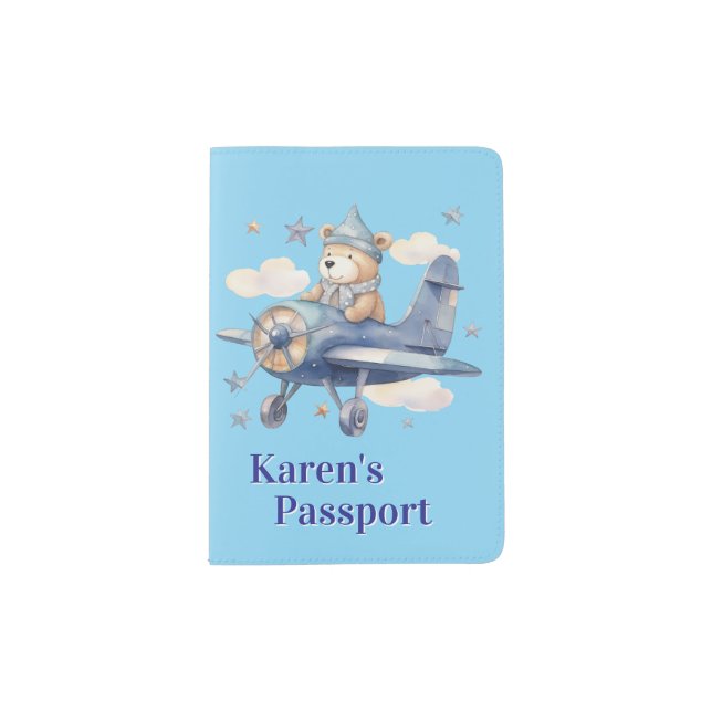 Kids Personalize Teddy Bear Flying  Passport Holder (Front)