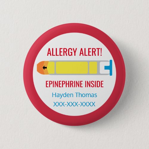 Kids Personalized Allergy Alert Epinephrine Inside Pinback Button