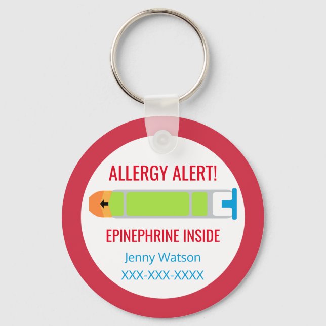 Kids Personalized Allergy Alert Epinephrine Red Keychain (Front)