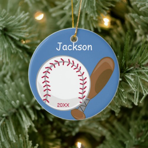 Kids Personalized Baseball and Bat Ceramic Ornament