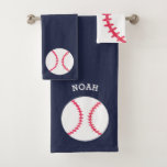 Kids Personalized Baseball Sports Blue Athletic Bath Towel Set<br><div class="desc">Kids Personalized Baseball Sports Blue Athletic Bathroom Towel Set. Personalized in curved white font on body towel above a white baseball with red stitching.  Handtowel has two baseballs on dark blue background. Washcloth is white with red stitching design. Sports designs,  baseball. www.SamAnnDesigns.com</div>