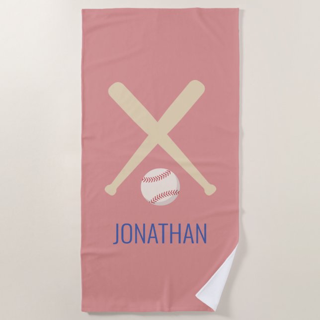 Kids Personalized Baseball Sports Blue Red Beach Towel (Front)