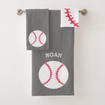 Kids Personalized Baseball Sports Gray Athletic Bath Towel Set