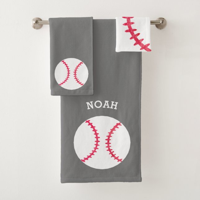 Kids Personalized Baseball Sports Gray Athletic Bath Towel Set (Insitu)