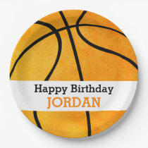 Kids Personalized Basketball Happy Birthday Orange Paper Plate
