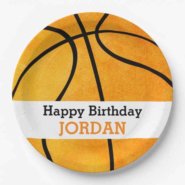 Kids Personalized Basketball Happy Birthday Orange Paper Plates (Front)