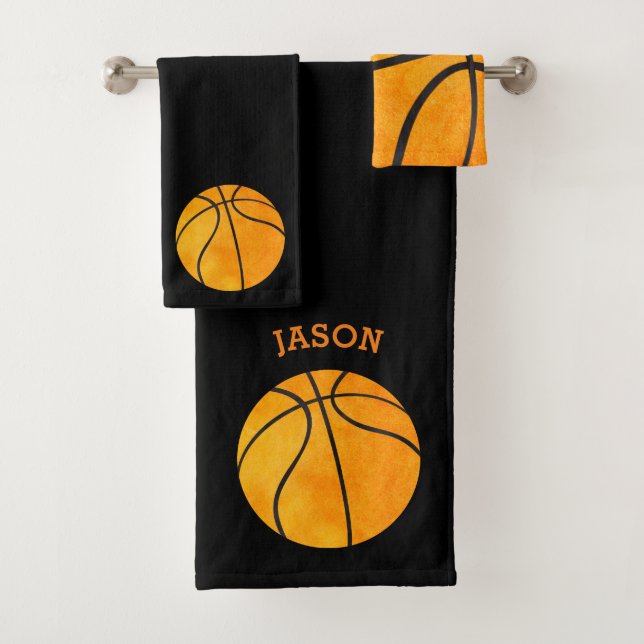 Kids Personalized Basketball Sports Black Bath Towel Set (Insitu)