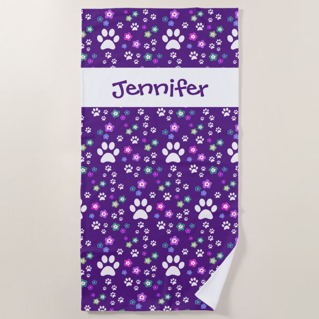 Kids Personalized Beach Towels, Dog Paw Print Beach Towel (Front)