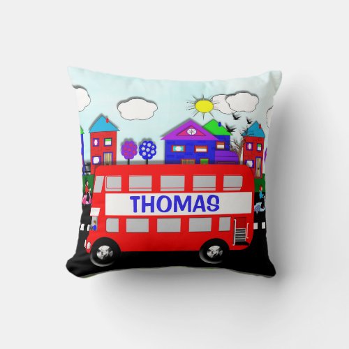 Kids Personalized Big Red Bus Throw Pillow