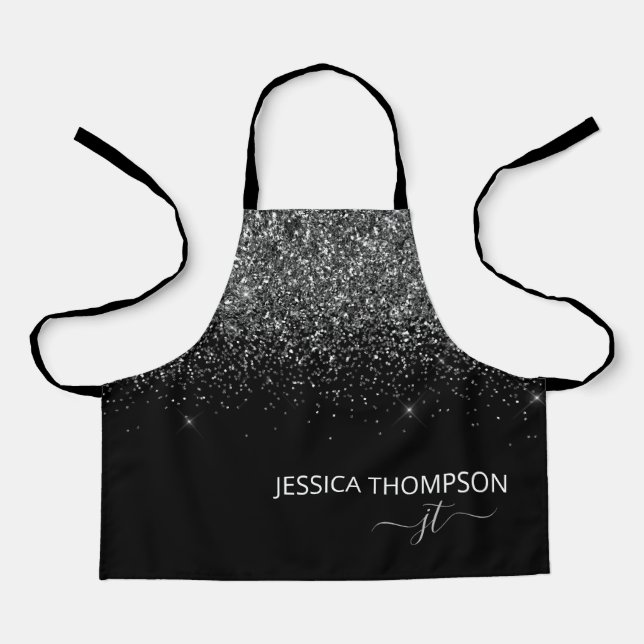 Kids Personalized Black Glitter Monogram Name  Apron (Front)