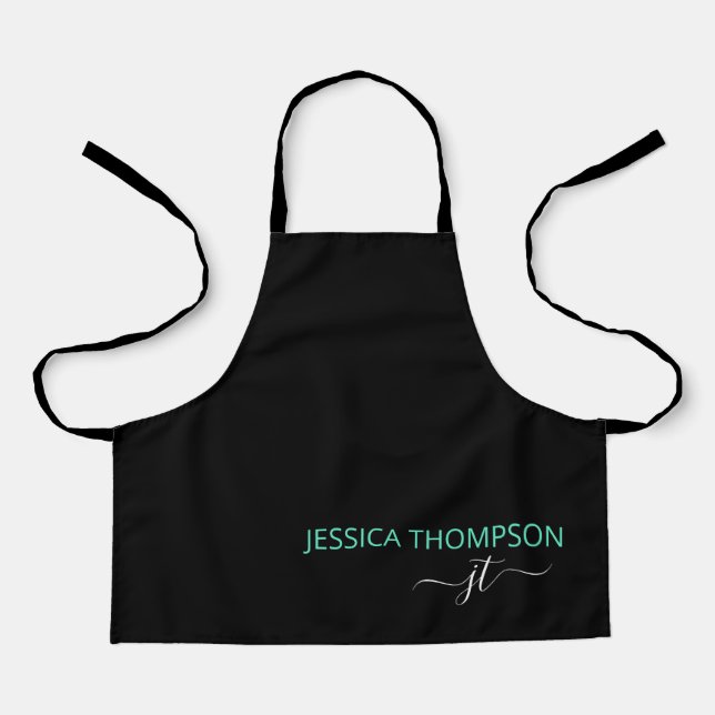 Kids Personalized Black Teal Monogram Name Cute  Apron (Front)
