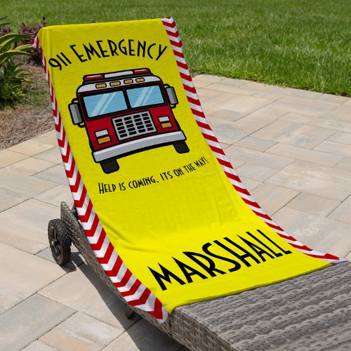 Kids personalized cute fire truck  beach towel