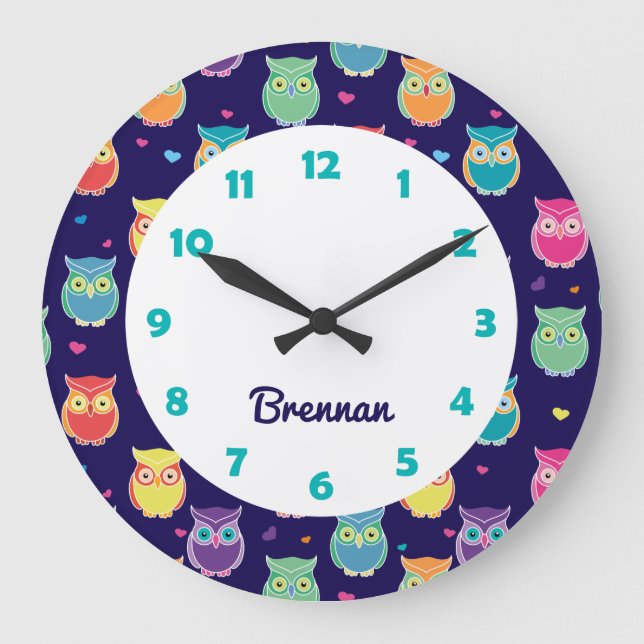 Kids Personalized Cute Owl Pattern Blue Animal Large Clock (Front)