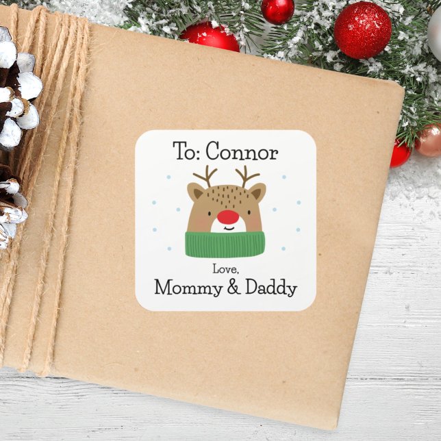 Kids Personalized Cute Reindeer Christmas Gift Square Sticker (Creator Uploaded)