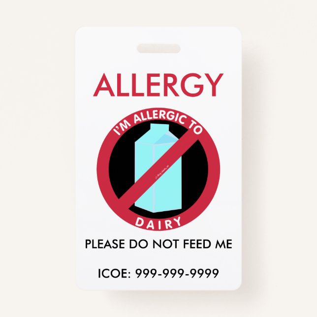 Kids Personalized Dairy Allergy Emergency Badge (Front)