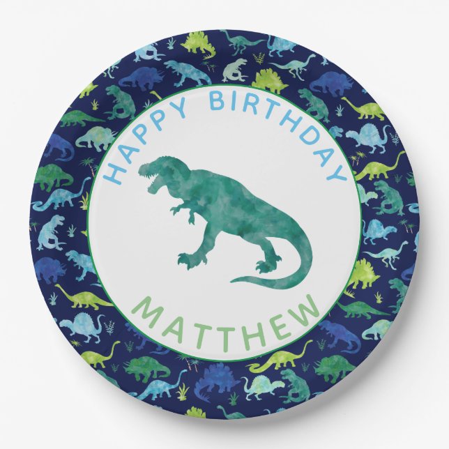 Kids Personalized Dinosaur Birthday Party Pattern Paper Plates (Front)