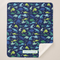 Kids Personalized Dinosaur Blue Green Boys Pattern Sherpa Blanket