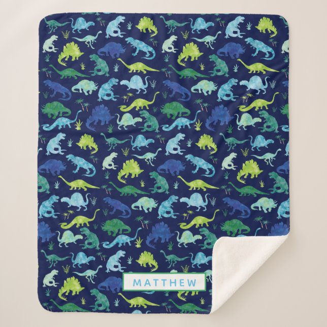 Kids Personalized Dinosaur Blue Green Boys Pattern Sherpa Blanket (Front)