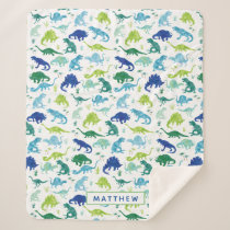 Kids Personalized Dinosaur Blue Green White Boys Sherpa Blanket