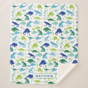 Kids Personalized Dinosaur Blue Green White Boys Sherpa Blanket