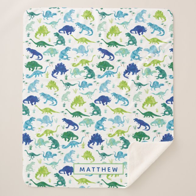 Kids Personalized Dinosaur Blue Green White Boys Sherpa Blanket (Front)
