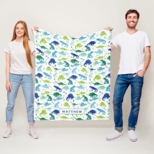Kids Personalized Dinosaur Blue Green White Fleece Blanket