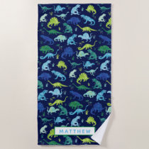 Kids Personalized Dinosaur Blue Watercolor Beach Towel