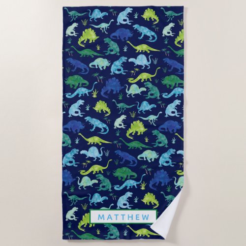 Kids Personalized Dinosaur Blue Watercolor Beach Towel