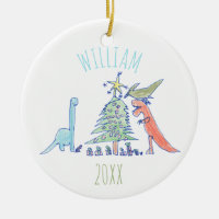 Kids Personalized Dinosaur Holiday Christmas Ceramic Ornament
