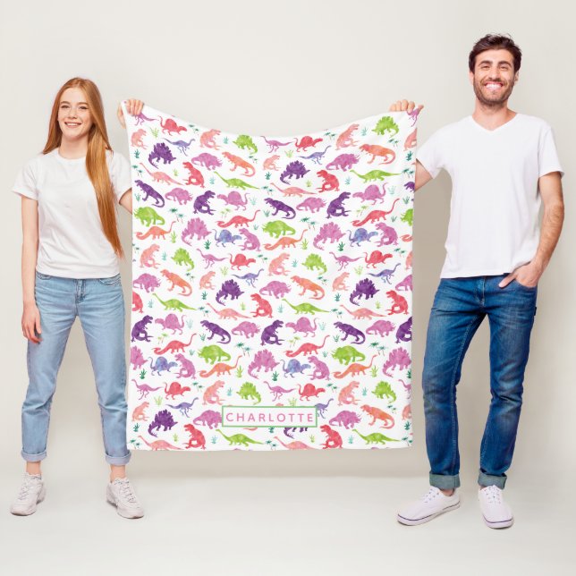 Kids Personalized Dinosaur Pink Purple Girls White Fleece Blanket (In Situ)