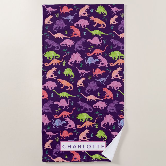 Kids Personalized Dinosaur Watercolor Purple Girls Beach Towel (Front)