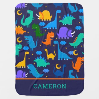 Kids Personalized Dinosaurs At Night Blue Orange Baby Blanket by LilPartyPlanners at Zazzle