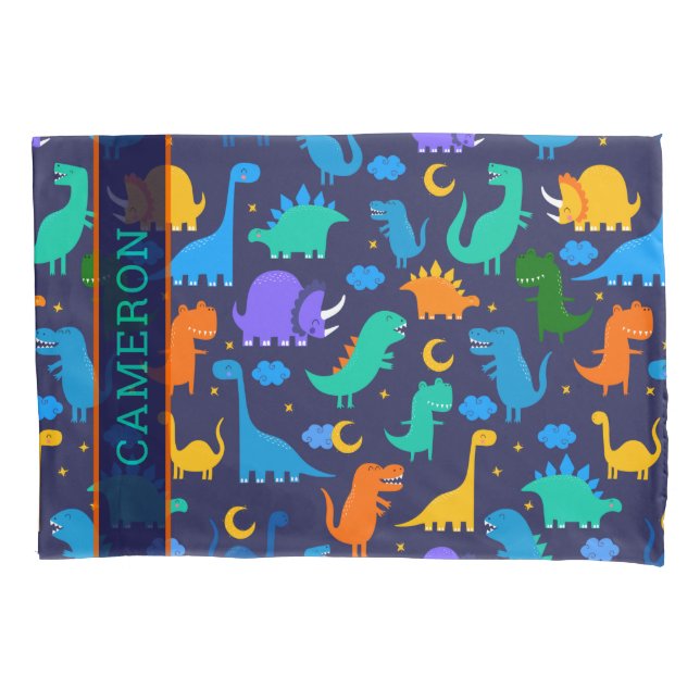 Kids Personalized Dinosaurs At Night Blue Orange Pillow Case (Front)