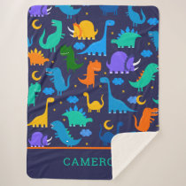 Kids Personalized Dinosaurs At Night Blue Orange Sherpa Blanket