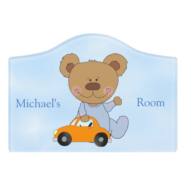 Kid's Personalized Door Sign Teddy Bear Toy Car (Small Crest Front)