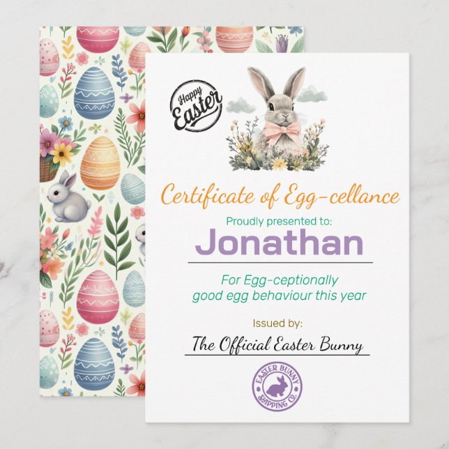 Kids' Personalized Easter Egg-cellance Certificate Invitation (Front/Back)