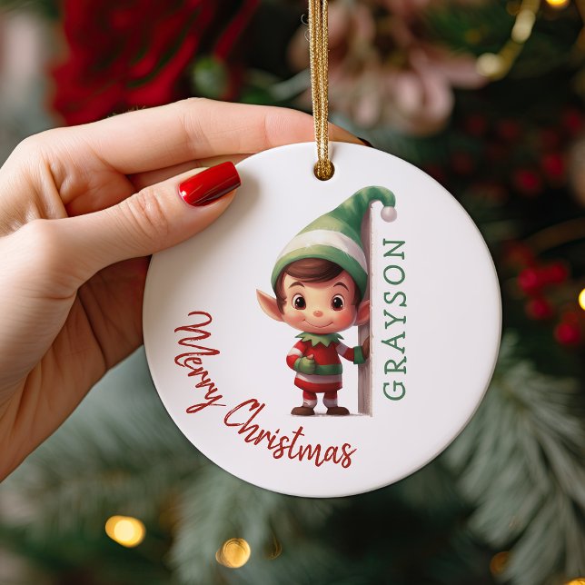 Kids Personalized Elf Christmas Tree Ceramic Ornament (Creator Uploaded)